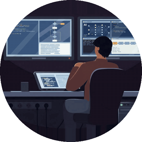 Animated illustration of a developer coding at a desk with two monitors